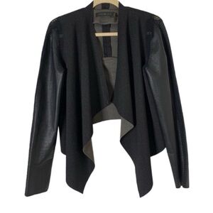 Stella & Jamie Black Open Drape Front Leather Trim Bikercore Whimsigoth Jacket